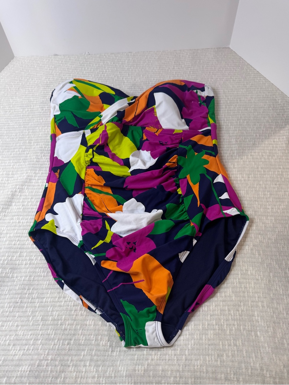 Anne Cole One Piece Swim Size 16 Bandeau Tropical Floral Ruched Tummy Control